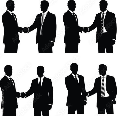 Business handshake silhouette illustration showing professional agreement, partnership, deal closing, corporate greeting, mutual respect, and formal business interaction