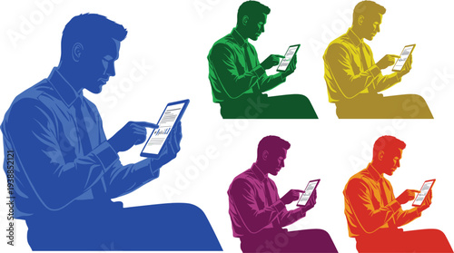 Businessman using digital tablet with colorful variations, vector illustration of office professional analyzing data, technology, communication and modern workplace concept.