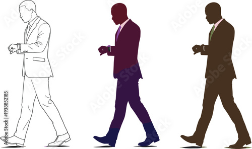 Businessman walking and looking at wristwatch, office worker checking time, punctuality concept, professional male silhouette vector illustration design
