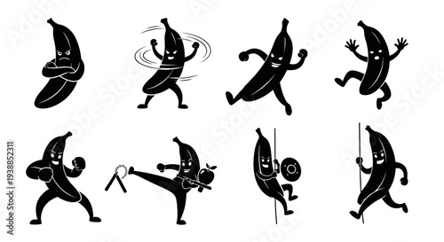 Anthropomorphic bananas in dynamic poses a playful silhouette on transparent background