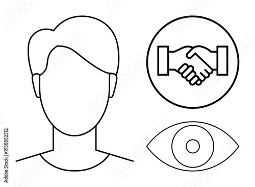 Identity concept. Simplistic outline of a human face, handshake, and eye identity, trust, and observation. Applicable for security, communication and teamwork . Broad usage themes digital identity