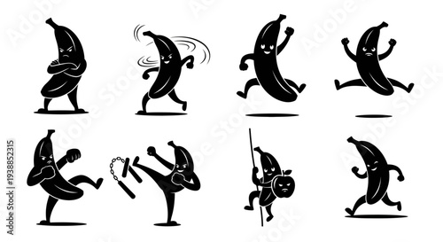 Playful banana characters in dynamic poses on transparent background silhouette