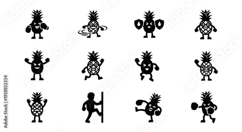 Playful pineapple characters in various poses on transparent background silhouette