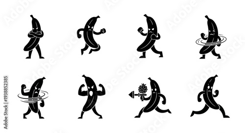 Playful banana characters in various poses on transparent background silhouette