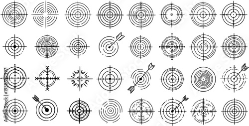 Collection of Black and White Line Art Targets and Arrows, Aiming, Precision, Goal Achievement Icons