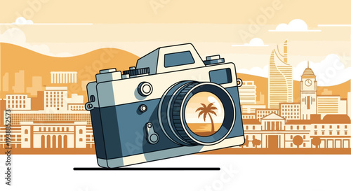 This flat design illustration features a vintage film camera with the Cannes skyline and palm trees subtly reflected, symbolizing the festival's cinematic focus and location.