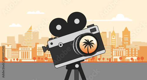 This flat design illustration features a vintage film camera with the Cannes skyline and palm trees subtly reflected, symbolizing the festival's cinematic focus and location.