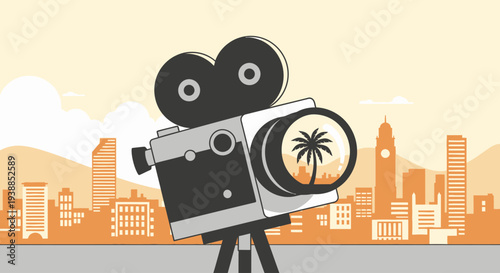 This flat design illustration features a vintage film camera with the Cannes skyline and palm trees subtly reflected, symbolizing the festival's cinematic focus and location.