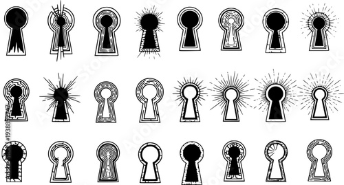 Set of Diverse Black and White Keyhole Icons, Vector Stock Graphics for Security and Privacy Themes