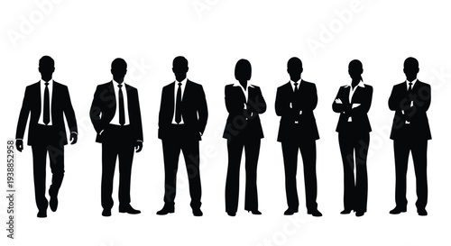Group of corporate professionals in formal attire standing together against a white background, showcasing a diverse business team.