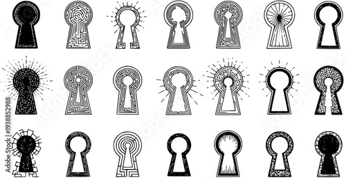 Black and White Line Art Keyhole Icons - Vector Set for Security and Mystery Themes