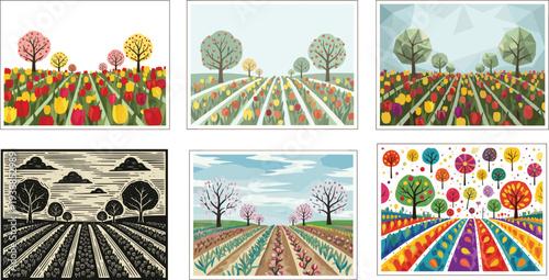Colorful tulip field vector illustration with blooming flowers, spring landscape, decorative trees, nature scenery, floral patterns, and countryside background