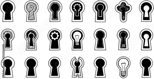 Collection of Black and White Line Art Keyhole Icons, representing security, access, and ideas