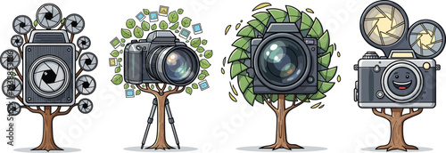 Creative photography camera trees illustration, cartoon vector artwork, fantasy photo concept, vintage camera design, nature technology combination, unique digital art background