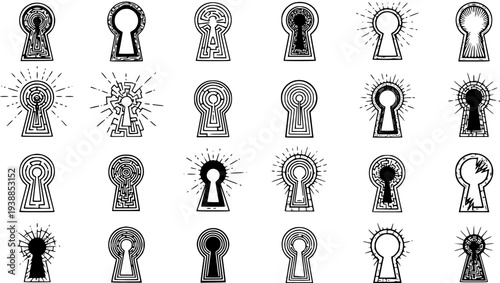 Black and White Line Art Collection of Diverse Keyhole Designs, Vector Icons