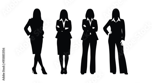 Collection of four distinct black silhouettes representing professional business women standing together showcasing various formal attire options against a stark white background.