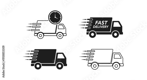 Fast delivery truck icons speeding with clock symbolizing quick transportation and logistics services for timely delivery and shipping needs.