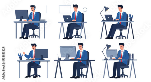 Businessman working on computer in various office settings with different desk setups and equipment, showcasing productivity and professionalism in a corporate environment with modern technology.