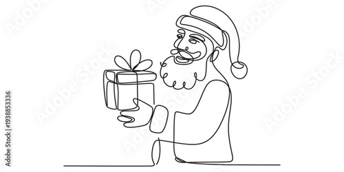 Santa Claus Holding Gift Box with Ribbon, Simple Line Art