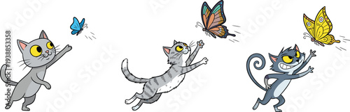 Cute cartoon cats chasing colorful butterflies in playful scene, vector illustration of funny kittens and insects for children design artworks