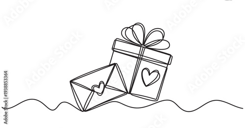 Hand drawn gift box with heart ribbon for celebration and love illustration