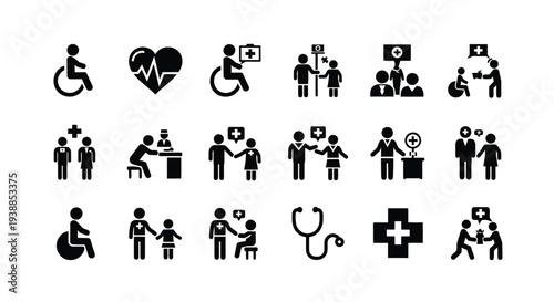 Collection of medical icons representing healthcare professionals and patients in various situations with symbols for medical care and assistance on a grid background.
