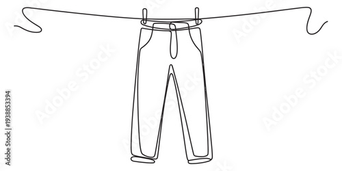 Pants hanging on clothesline, minimalist illustration, white background