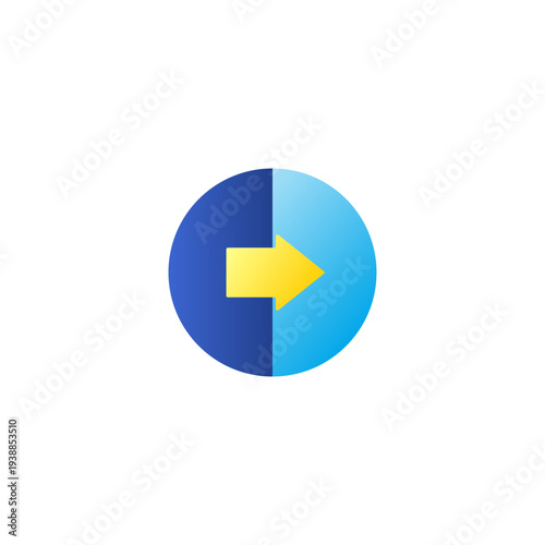 Minimalist right arrow icon inside a circular shape in flat design style. Modern geometric symbol with split blue tones and a yellow directional arrow, representing navigation, progress, forward movem