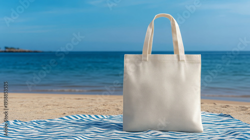 White cotton tote bag, beach, summer, blue sky, striped towel, relaxation, vacation