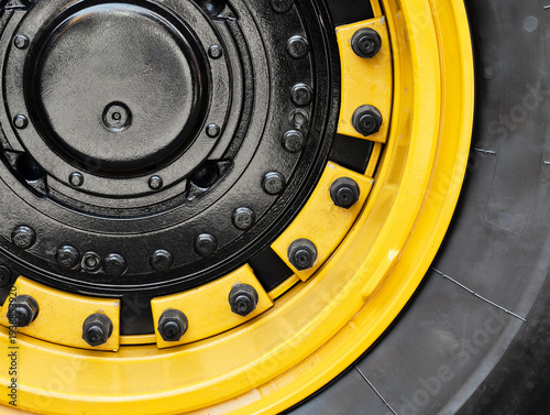 Obraz na plátne Construction equipment wheels showing detailed design and sturdy construction fo