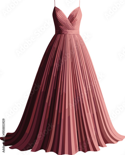 Elegant Mauve Evening Gown with Pleated Skirt, Ruched Bodice, Spaghetti Straps – Formal Fashion Vector for Luxury Event Design