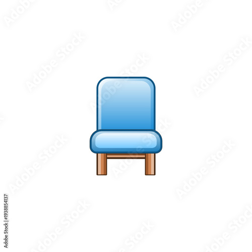 Modern blue chair icon with wooden legs isolated on white background. Minimalist furniture symbol with soft gradient and rounded design, suitable for UI interface, interior furniture concept, home dec
