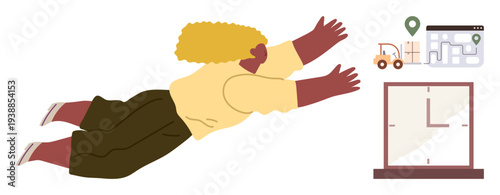 Logistics, delivery, time management, navigation, transportation, goal achievement. Person reaching toward a clock and map with location marker and truck. Logistics and delivery concept