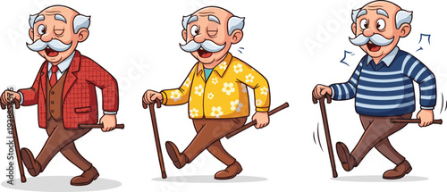 Happy elderly men walking with canes, smiling cartoon grandfathers in colorful clothes, active senior lifestyle illustration for health, joy, wellness.