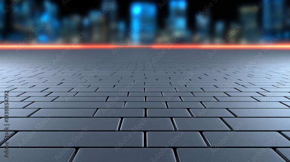 Obraz premium Glowing city lights reflect on wet brick road, futuristic urban nightscape, calm atmosphere