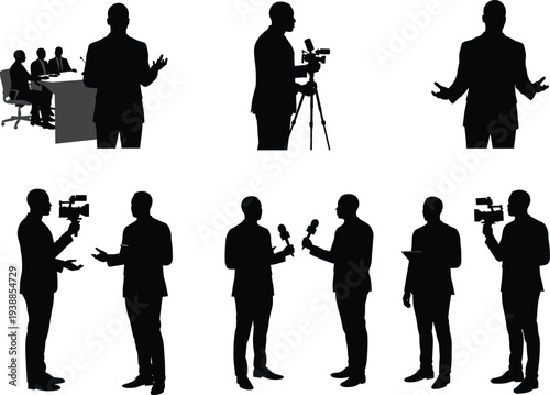 Media professionals and corporate presenters in silhouette style performing interviews, filming, public speaking, and business meetings in vector illustration.