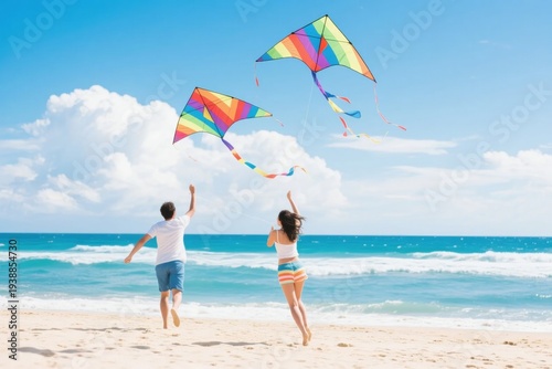 Couple flying colorful kites on a sunny beach with ocean waves in the background