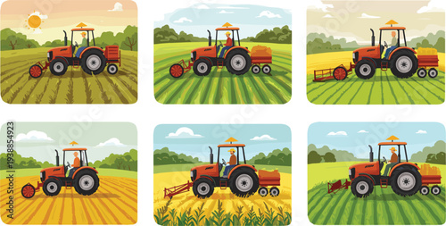 Modern farming tractor vector illustration showing agricultural machinery working on green fields, planting, harvesting, and cultivating crops for sustainable food production
