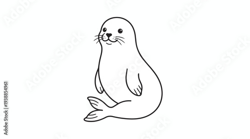 A simple, charming line drawing of a cute baby seal sitting upright with its flippers visible and a happy expression.
