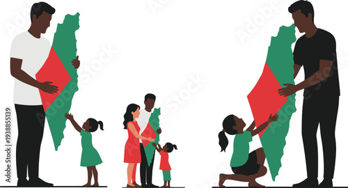 Palestinian Map with Families and Children Symbolizing Unity, Heritage, Cultural Identity, Connection to Land, Peace, Solidarity, and National Pride
