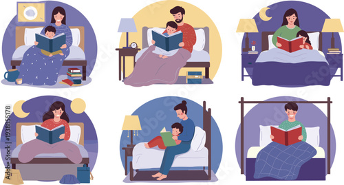 Parents reading bedtime stories to kids, cozy night illustration, relaxing family moments, storytelling before sleep, and happy childhood home lifestyle.