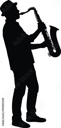 Male saxophone player silhouette wearing fedora hat playing jazz music instrument isolated on white background for concert poster and musical event design