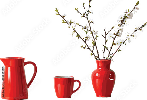 Red Ceramic Pitcher, Cup, and Vase with Cherry Blossoms – Vector Illustration for Spring Decor, Floral Arrangement, and Minimalist Design