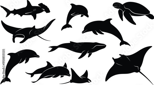 Marine animal silhouettes set with jumping dolphins, whales, manta rays, hammerhead shark and sea turtle isolated on white background for ocean conservation design
