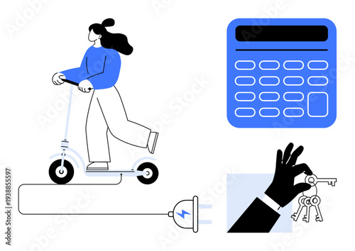 Urban mobility, eco-transportation, digital finance, renewable energy, property leasing, modern technology. Woman riding an electric scooter, calculator plug and hand with keys. Urban mobility