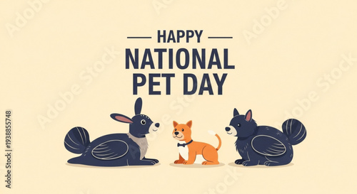 Happy national pet day with cute animals dog rabbit and squirrel on beige background