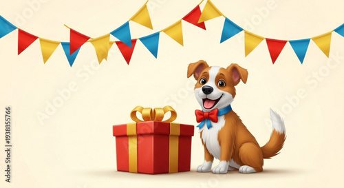 Happy dog sitting with gift box and colorful party flags celebrating festive occasion with bow tie