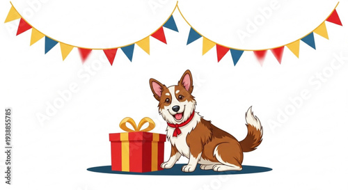 Corgi dog sitting with a wrapped gift and festive bunting celebrating a special occasion or birthday party