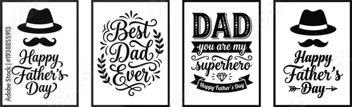 Fathers Day typography poster set with mustache and hat icons, best dad ever and dad superhero quotes vector illustration