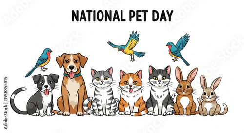 National pet day illustration with animals and birds pets and wildlife friends